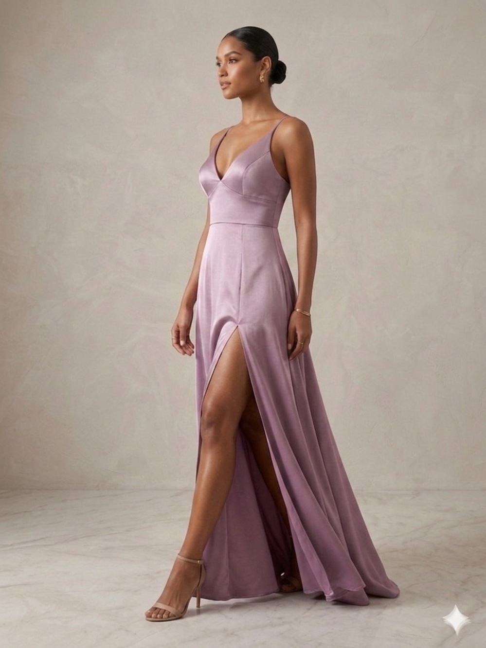 Elegant Mauve V-Neck Evening Gown with Thigh Slit
